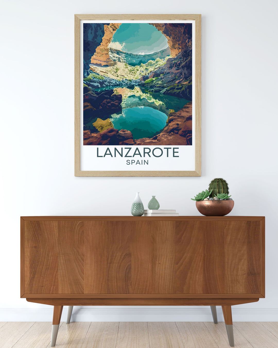 Highlighting the architectural marvels of Jameos del Agua, this travel poster captures the seamless blend of lush gardens, artistic structures, and volcanic landscapes, offering a unique glimpse into Cesar Manriques masterpiece, perfect for your wall decor.