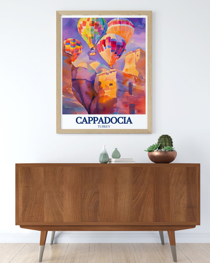 Our travel poster of Derinkuyu in Cappadocia brings the stunning entrance of the underground city to life with vibrant colors and intricate details. Perfect for your living room or office, this piece of art captures the magic of Turkeys historical landscapes.