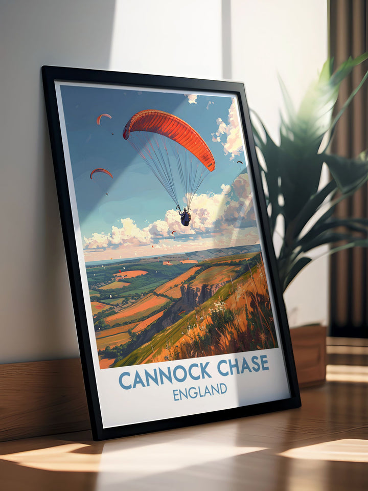 The Chase travel poster showcases the enchanting landscapes of Cannock Chase. This artwork captures the essence of British nature, featuring vibrant greenery and rich biodiversity. Ideal for adding a touch of natural beauty to any room.