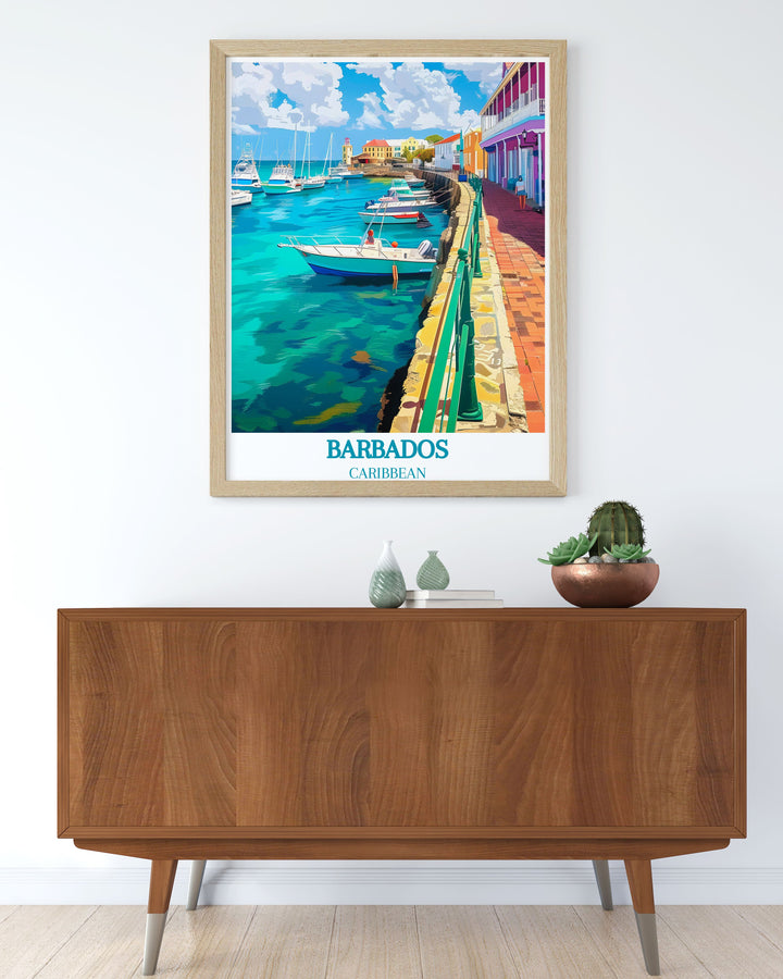 Caribbean Vintage Poster depicting the serene landscapes and rich history of the islands, offering a nostalgic glimpse into the tranquil beauty and cultural heritage of the Caribbean, perfect for any vintage decor enthusiast.