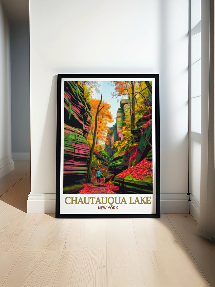 Discover the serene beauty of Chautauqua Lake with this art print, showcasing New York States tranquil waters surrounded by lush greenery. Perfect for adding a peaceful touch to any room.