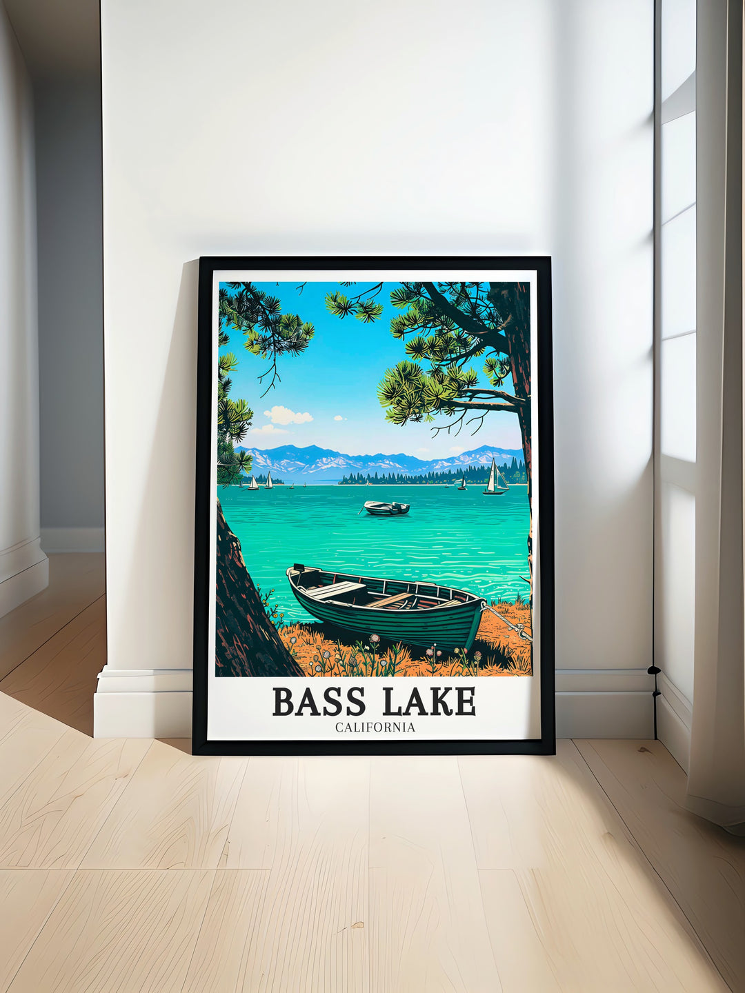 Bass Lake Travel Poster featuring the serene landscapes of Sierra Nevada Mountains and Sierra National Forest a perfect addition to any home for those who love Yosemite California and Redwoods California an ideal piece of vintage travel art.