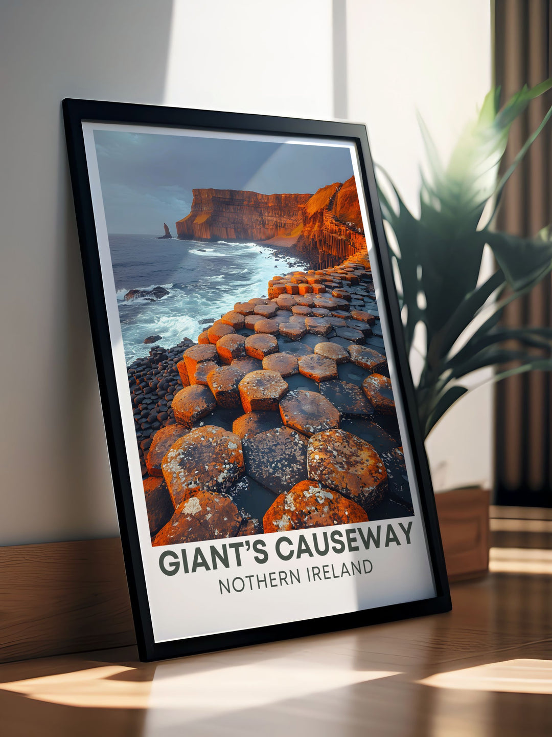 Framed art illustrating the natural beauty of Giants Causeway, with its unique basalt columns and scenic coastal views, reflecting the mystical and picturesque landscapes of Northern Ireland.