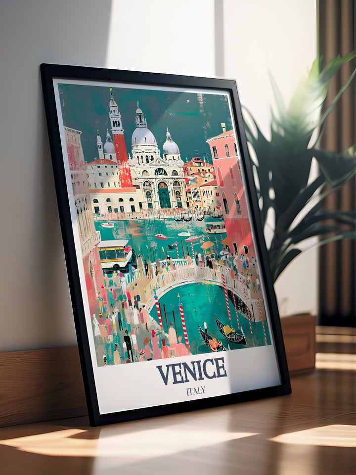 A framed vintage poster of Venices St. Marks Square and Rialto Bridge, capturing the essence of Italys most romantic city. This artwork makes a perfect gift for travelers, history lovers, and those who admire Italian culture.