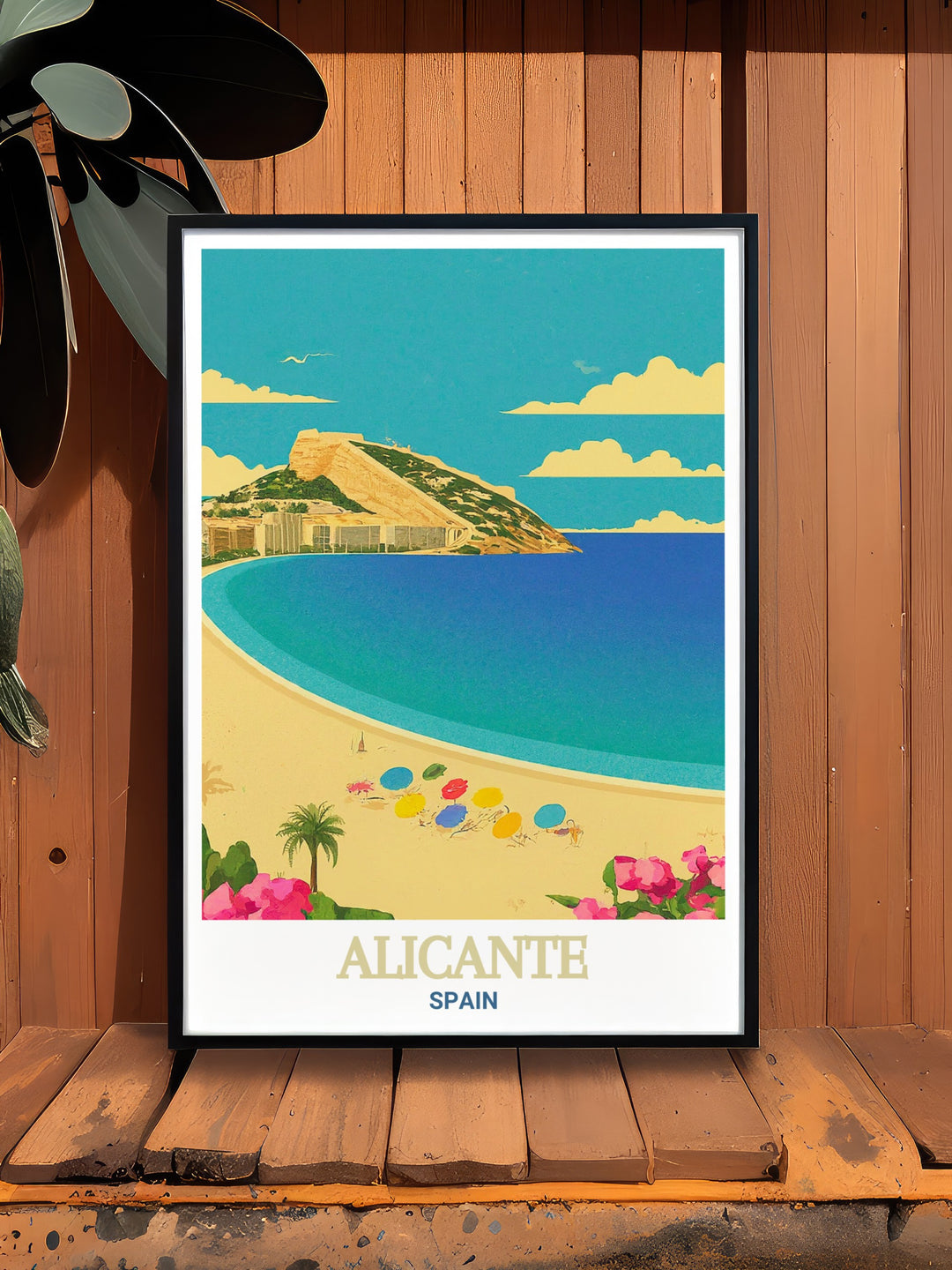 Alicante travel poster featuring the iconic Playa del Postiguet. Perfect for art lovers and beach enthusiasts, this print captures the vibrant atmosphere and coastal beauty of Alicantes beloved beach. Bring the charm of Alicante into your home.