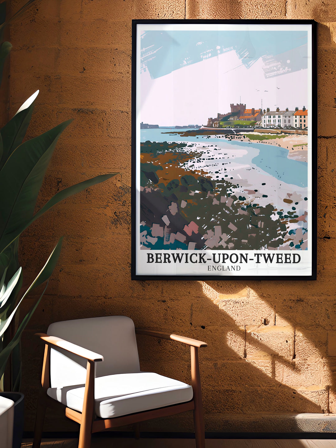 A vintage style Northumberland poster featuring Berwick upon Tweed and Cocklawburn Beach. This print combines the beauty of the English coastline with the rich history of Berwick, creating a unique piece of wall art.