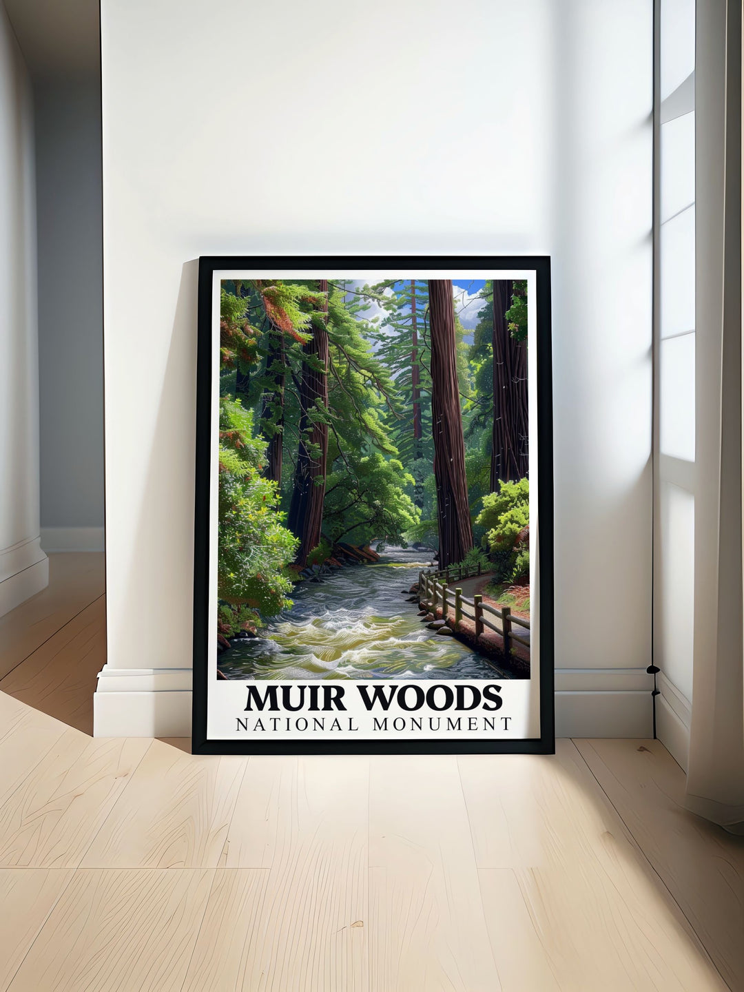 Elegant black and white fine line print of Muir Creek in Muir Woods National Monument perfect for enhancing home decor and creating a sophisticated living room ambiance ideal anniversary or birthday gift option