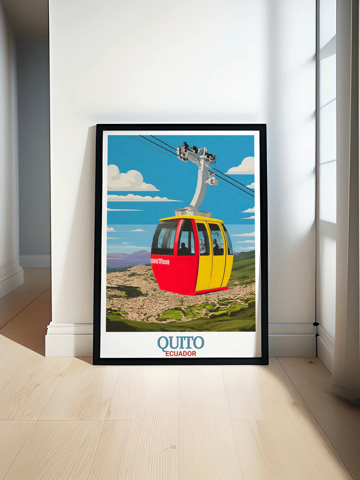 Quito Print showcasing the ascent of the TelefériQo cable car, offering breathtaking views of the Andes and Ecuadors vibrant capital city. This framed art is perfect for adventure seekers and those with a love for global landmarks.