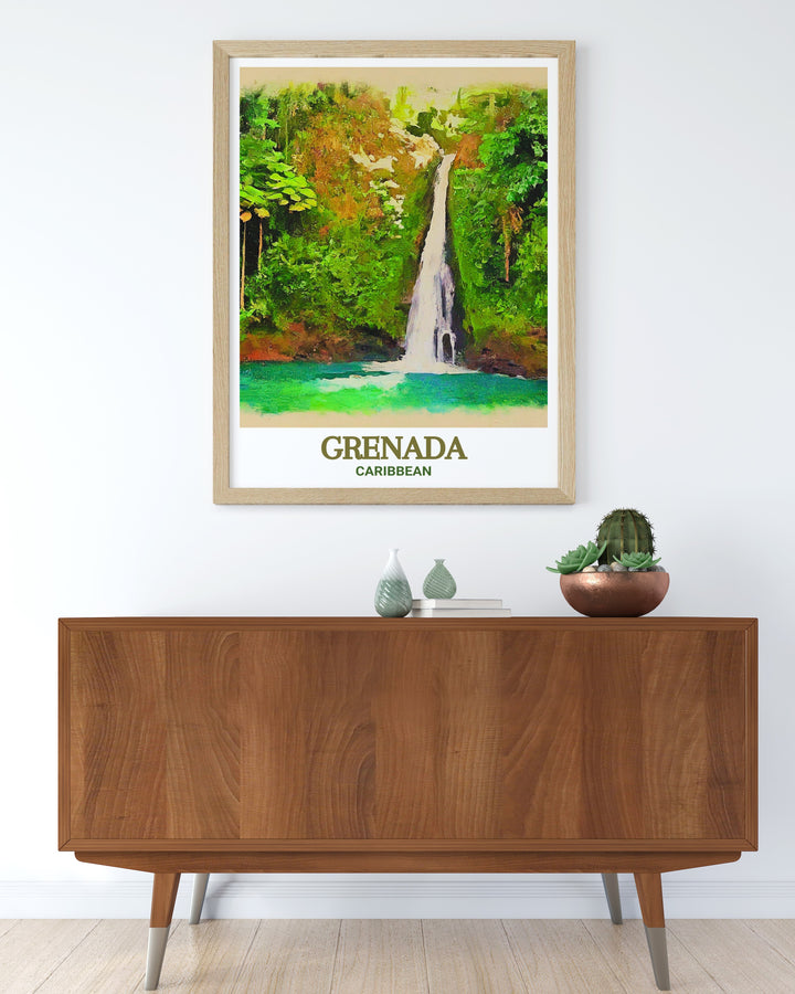 Fine line print of Annandale Falls in Grenada, highlighting the tranquil ambiance and lush landscapes of this captivating waterfall. A beautiful piece for any art collection.