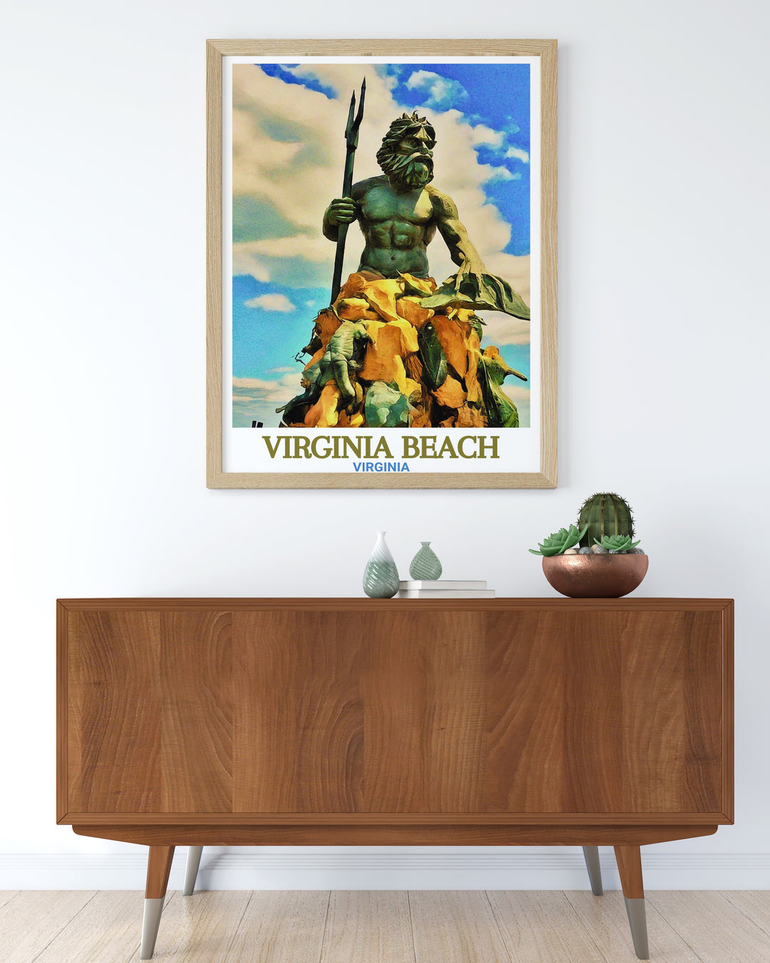 Elegant Virginia Beach wall art with a detailed city map and Neptune Statue capturing the lively spirit of the city perfect for brightening up any space and making a thoughtful and stylish gift for friends and loved ones