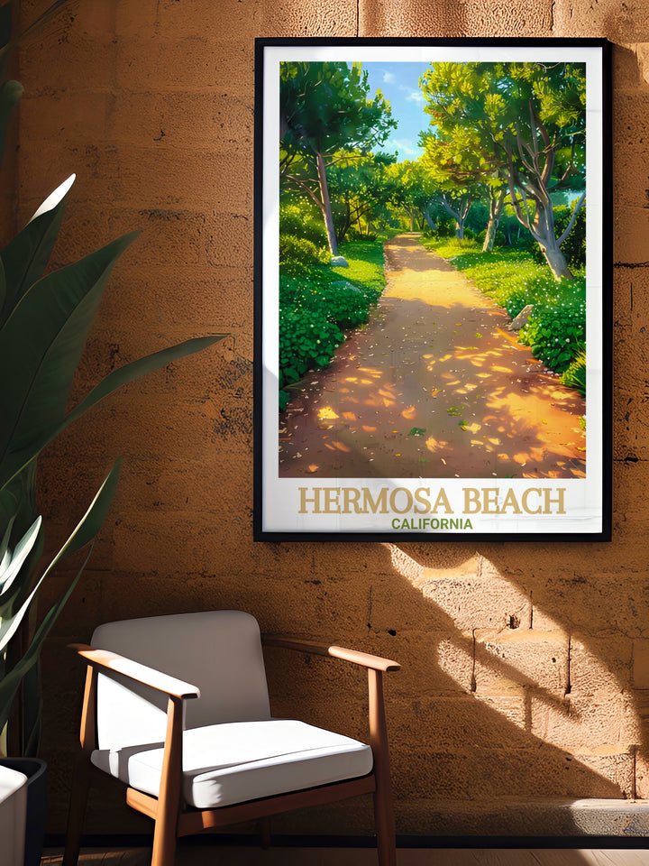 Veterans Parkway in Hermosa Beach comes to life in this colorful travel print. Perfect for wall décor, this artwork captures the peaceful walkways and coastal views that make this area of California so beloved.