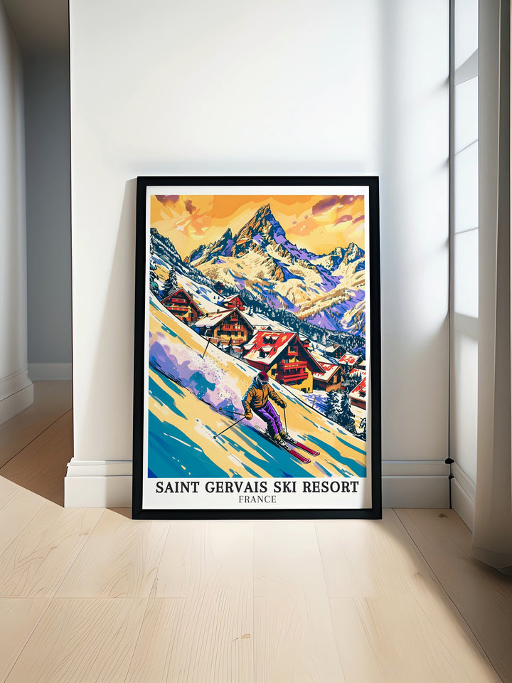 Saint Gervais ski resort in the French Alps depicted in a stunning vintage travel print. Capture the beauty of this iconic location with artwork that showcases the serene mountain landscape and the thrill of alpine skiing, perfect for bringing a touch of winter sports elegance into your home.