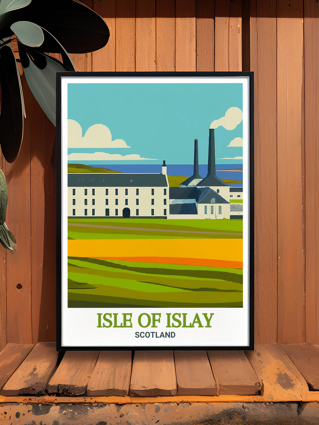 A wall print featuring the Laphroaig Distillery on the Isle of Islay, capturing the timeless charm of Scotlands whisky making heritage. This print is ideal for adding a touch of elegance and history to your home decor.