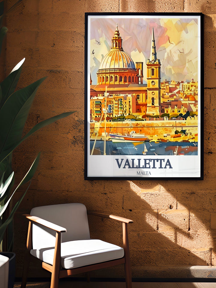 Bring the elegance of Valletta into your home with this art print featuring the majestic St. Johns Co Cathedral and the vibrant Grand Harbour. This travel poster offers a detailed look at Maltas cultural and architectural heritage.