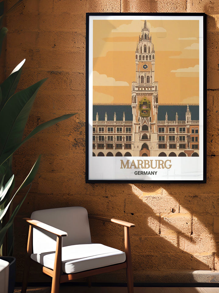 Immerse yourself in the history of Marburg with this Rathaus decor print. The detailed artwork highlights the Town Halls significance in Germanys cultural landscape, making it a must have for history enthusiasts and art collectors. This print offers a unique way to celebrate Marburgs architectural legacy