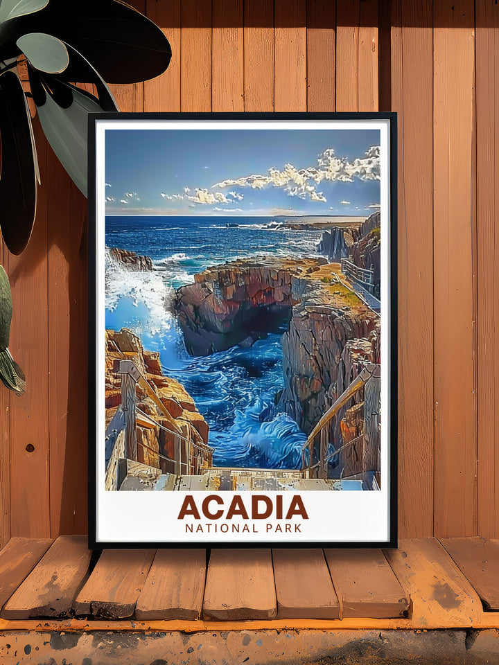 Acadia National Park print featuring Thunder Hole in a bold retro travel style. This striking piece of wall art is perfect for enhancing any room with the beauty of nature and makes an ideal gift for nature lovers and adventurers.