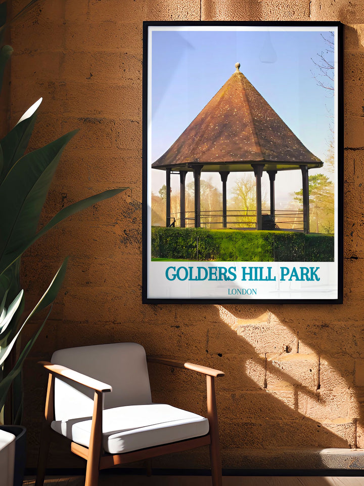 An exquisite travel poster of Golders Hill Park, illustrating the parks vibrant flowerbeds and the bandstand, perfect for those who appreciate Londons natural and historical landmarks.