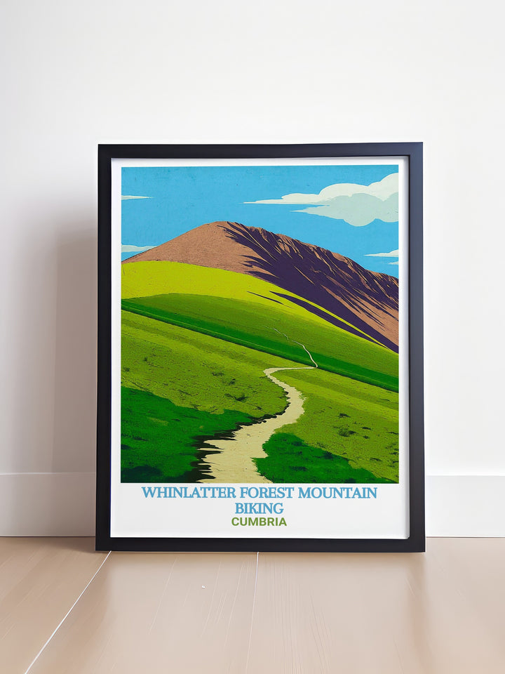 Cumbria travel poster brings the stunning landscapes of the Lake District into focus, with its lush forests and challenging biking trails. Perfect for those who love the outdoors, this artwork celebrates the beauty and adventure found in Cumbria.