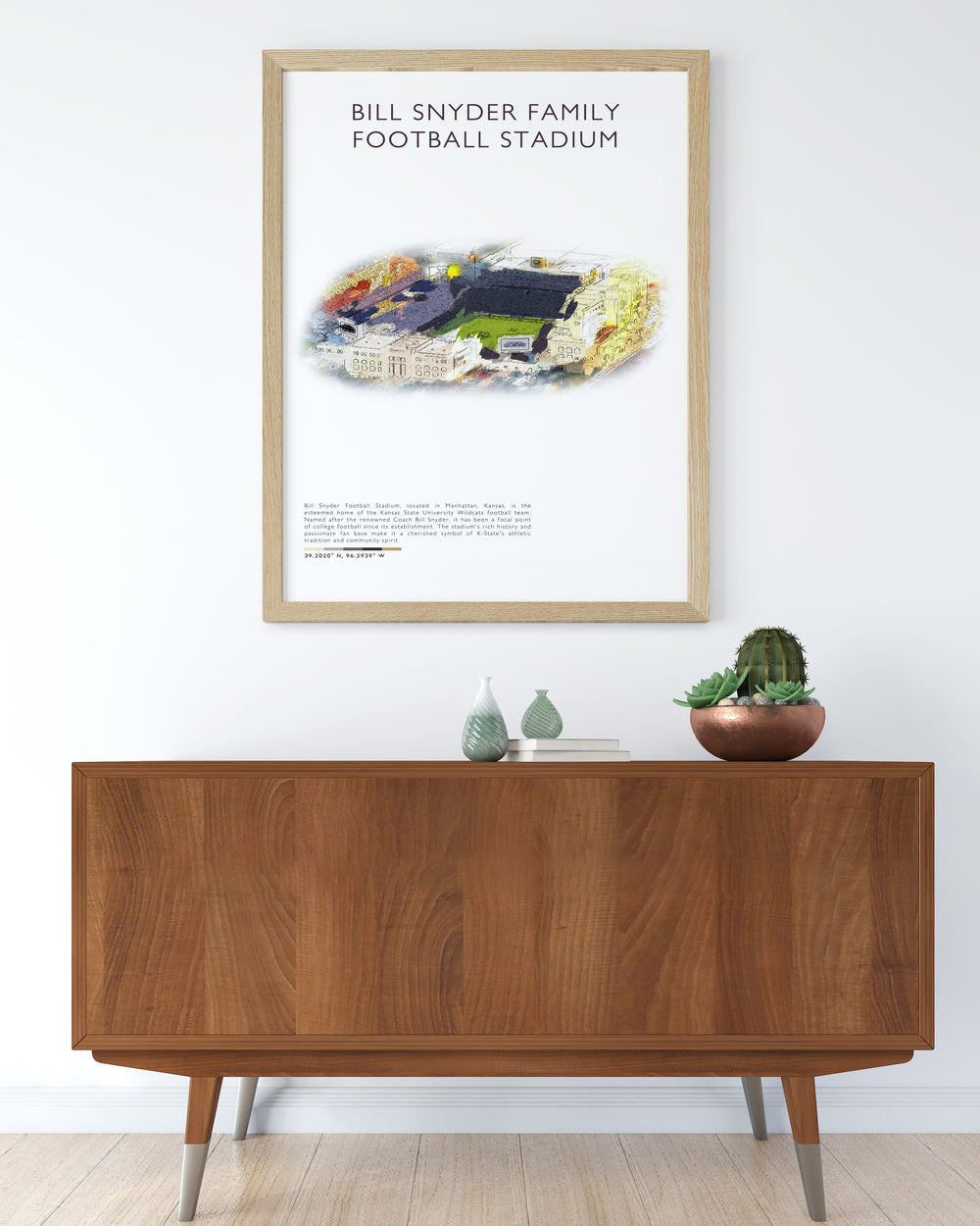 Beautiful retro Kansas State poster featuring Bill Snyder Family Stadium ideal for adding a touch of Wildcats spirit to your home office or dorm room a must have for any fan of Kansas State CFB and college football art.