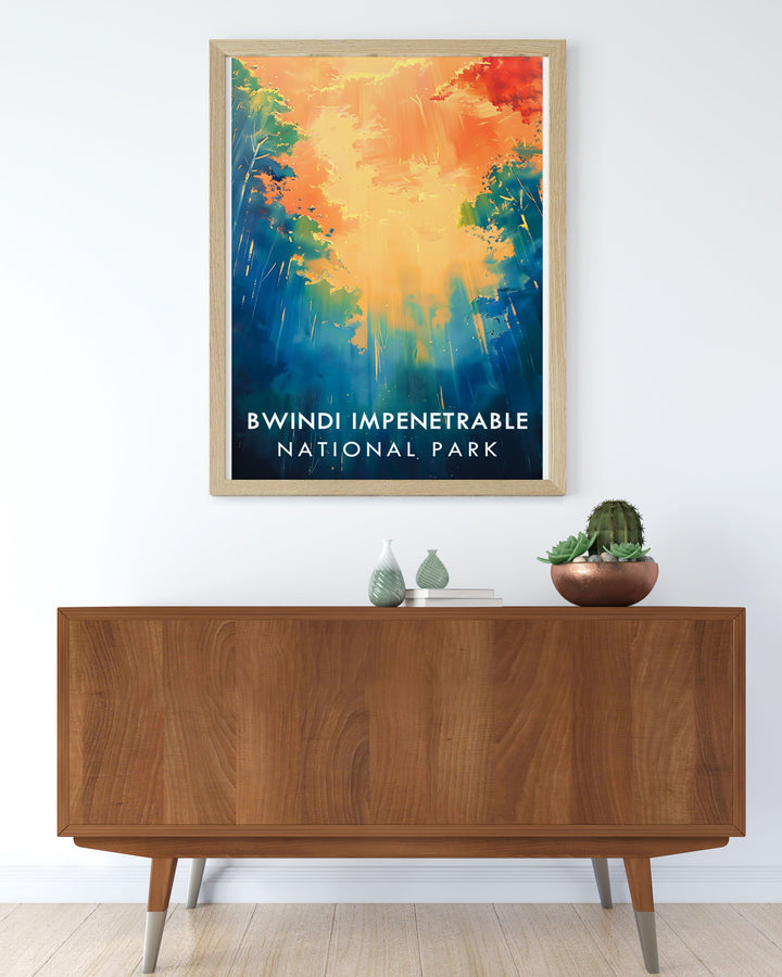 Capture the essence of Ugandas natural beauty with this poster featuring the stunning landscapes and diverse wildlife of Bwindi, perfect for enhancing any living space.