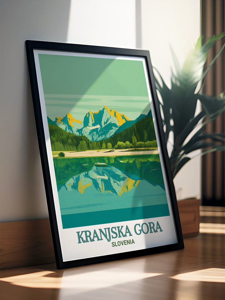 Scenic Lake Jasna poster from Kranjska Gora, highlighting the captivating blend of serene waters and stunning landscapes. This exquisite artwork brings the tranquil beauty of Lake Jasna into your living space, ideal for nature and travel enthusiasts.