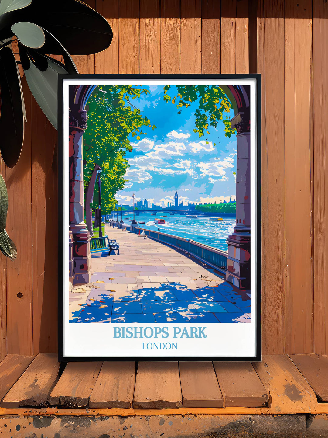 Scenic art print of Thames River Walk highlighting the charm of Londons river paths and adjacent parks.
