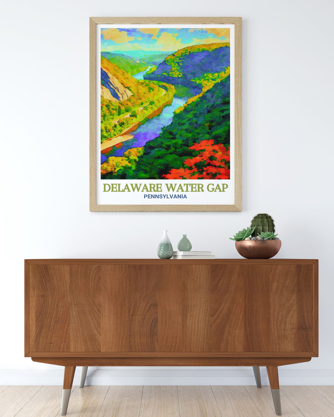 This travel print showcases the majestic cliffs and serene waters of the Delaware Water Gap, providing a stunning depiction of Pennsylvanias iconic natural landscape. Its a must have for those who appreciate the beauty of the outdoors.