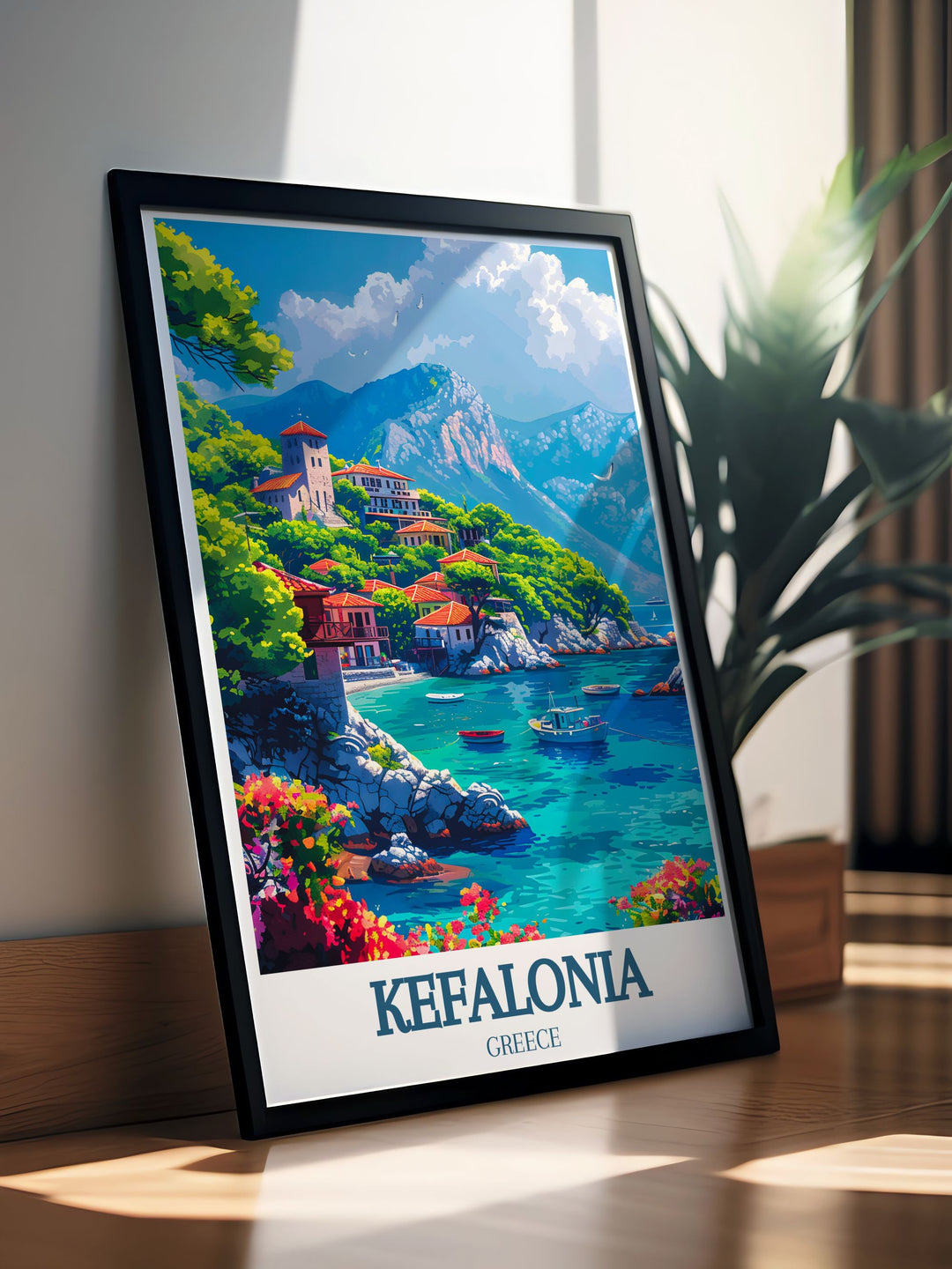 This captivating wall art of Assos Village on Kefalonia island depicts the Venetian fortress and the surrounding blue waters of the Ionian Sea. Ideal for anyone who appreciates Greek coastal scenery, this print adds a timeless touch to your space.