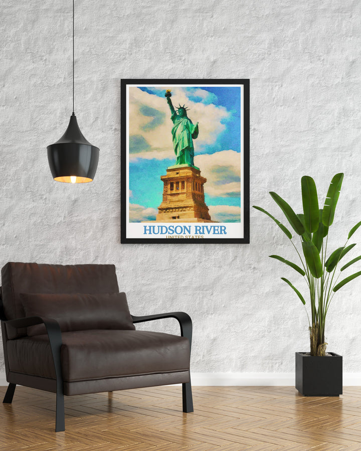 This Hudson River travel print showcases a breathtaking view of the river with the Statue of Liberty standing proudly in the background. Perfect for any New York enthusiast, this travel poster offers a classic yet modern look.