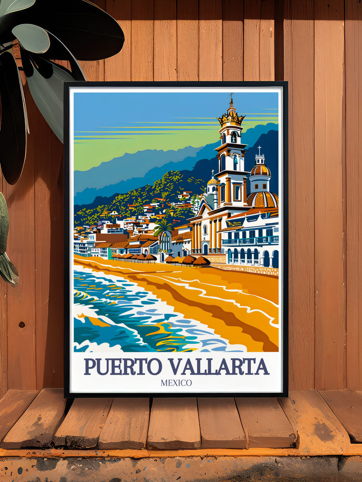 Puebla Art Print featuring intricate city maps and vibrant street scenes paired with Puerto Vallarta beach Our Lady of Guadalupe Church modern art perfect for a contemporary home