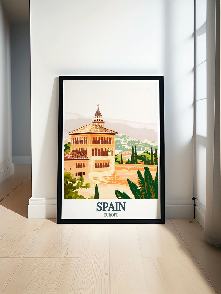 Spain poster featuring vibrant colors and intricate details perfect for adding a touch of elegance to your home decor includes Alhambra Generalife framed prints and A Coruna art