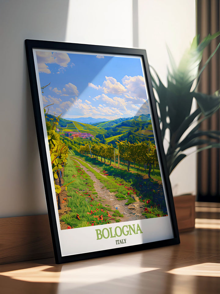 Detailed digital download of Bologna, featuring its historic sites and the serene beauty of Colli Bolognesi, ideal for any art collection or as a memorable travel keepsake.