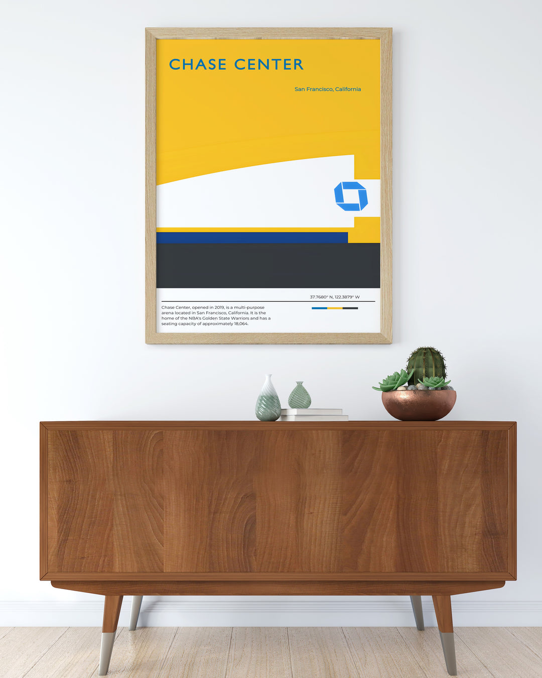 Chase Center Poster designed to bring the excitement of Golden State Warriors basketball into your home featuring vibrant California colors and modern details perfect for adding a unique touch to any room or as a gift for Warriors fans.