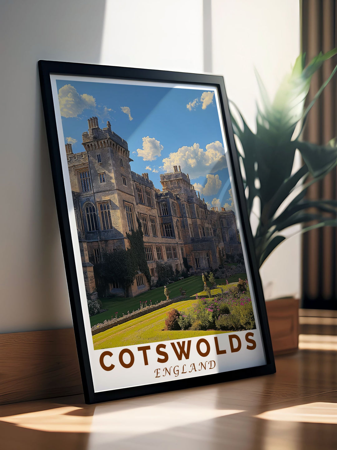 Illustrated with care, this travel poster brings to life the majestic architecture of Sudeley Castle and the vibrant gardens, ideal for enhancing any room with Englands regal splendor.
