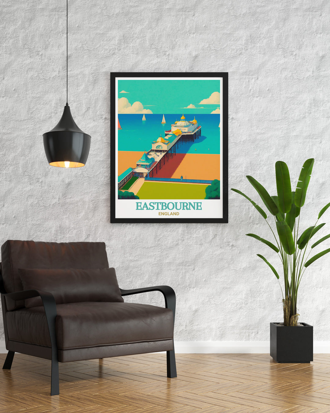 Eastbourne Pier travel print capturing the elegance and historical charm of this iconic English seaside landmark. Perfect for coastal and history enthusiasts, this artwork brings the beauty of Eastbournes beloved pier into your home decor.