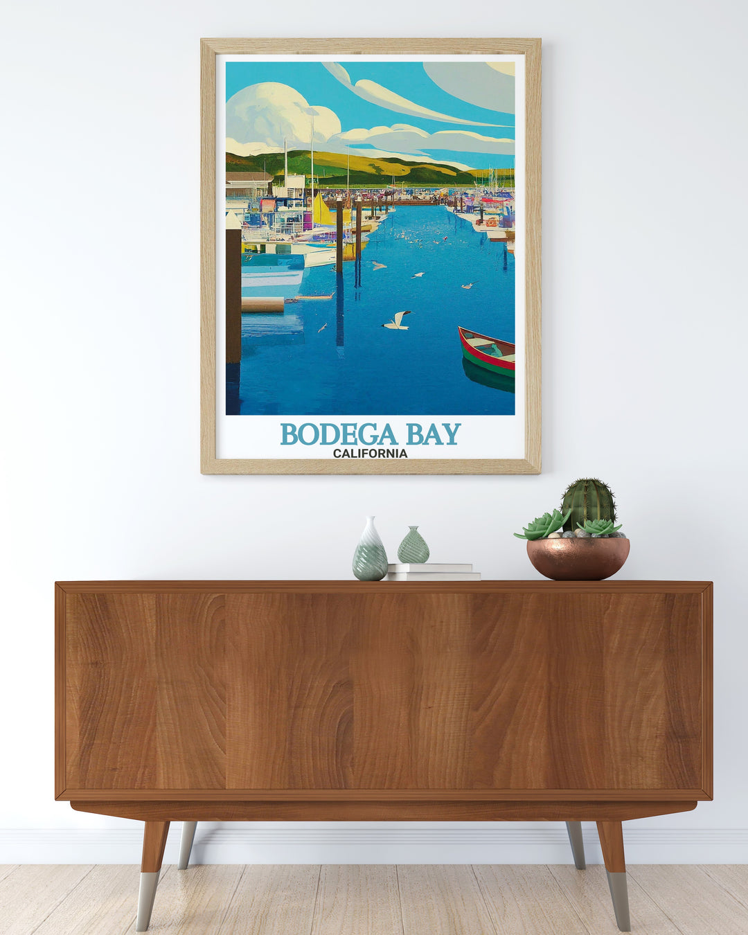 Bodega Bay wall art depicting the serene and picturesque Bodega Bay Marina. This piece enhances any room with its tranquil and vibrant coastal scene. A must have for Bodega Bay travel enthusiasts.