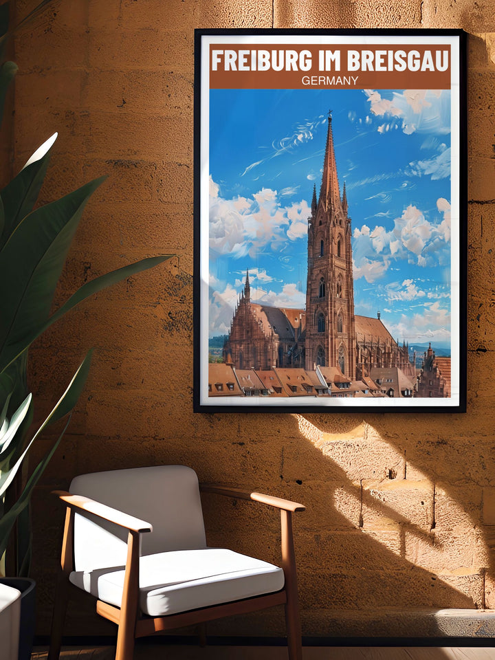 This stunning print of Freiburg Minster is an elegant representation of Gothic architecture in Germany a perfect gift for those who appreciate European history and want to bring a piece of Freiburg Im Breisgau into their living spaces.