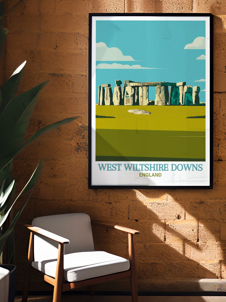 Travel print of Stonehenge showcasing the monumental stones that have stood for thousands of years, set against the open sky. Perfect for those who appreciate history and iconic landmarks, this poster is a striking addition to any room.