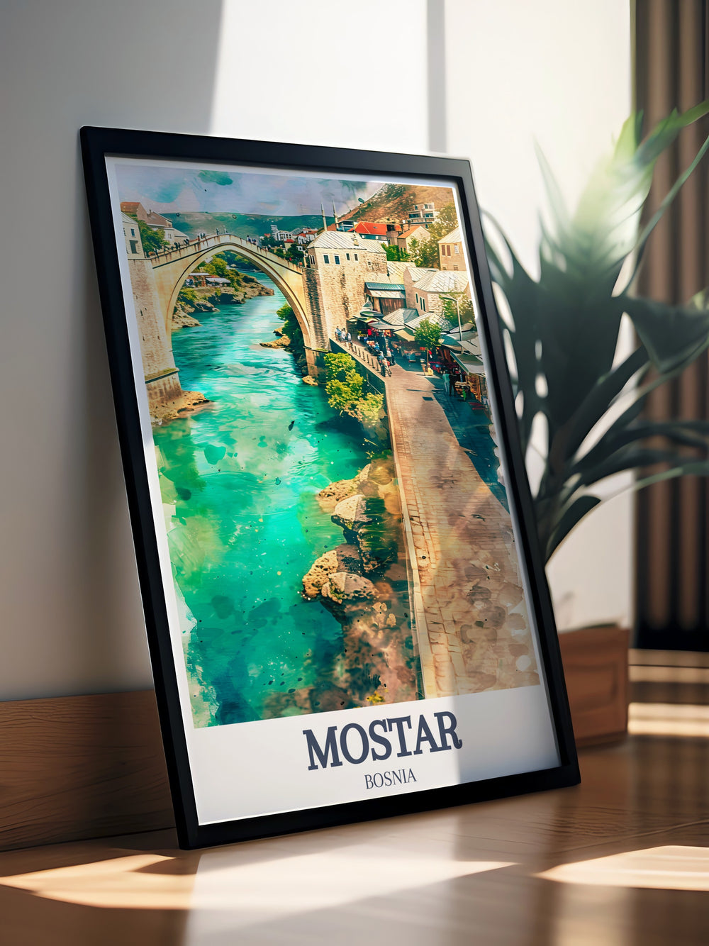 Mostar City Print featuring Stari Most and Old Town Bazaar capturing the essence of Herzegovina with elegant artwork for living room decor