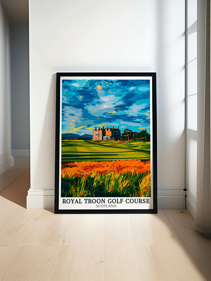 Royal Troon golf course print showcasing Marine Troon and Ayrshire coastline perfect for golf enthusiasts and as a gift for golfers features the iconic Scottish golf course and the natural beauty of the coastline with stunning details of the Scottish Highlands