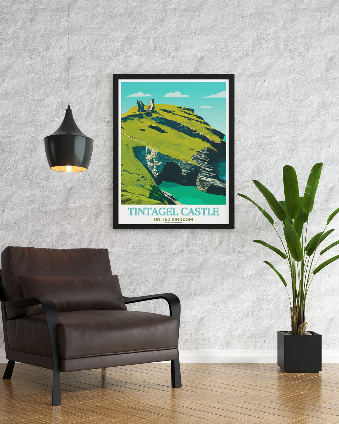 A stunning poster print of Tintagel Castle and Merlins Cave, capturing the legendary site on Cornwalls coast. The artwork highlights the dramatic cliffs and mysterious cave, providing a perfect addition for any home decor or travel art collection.