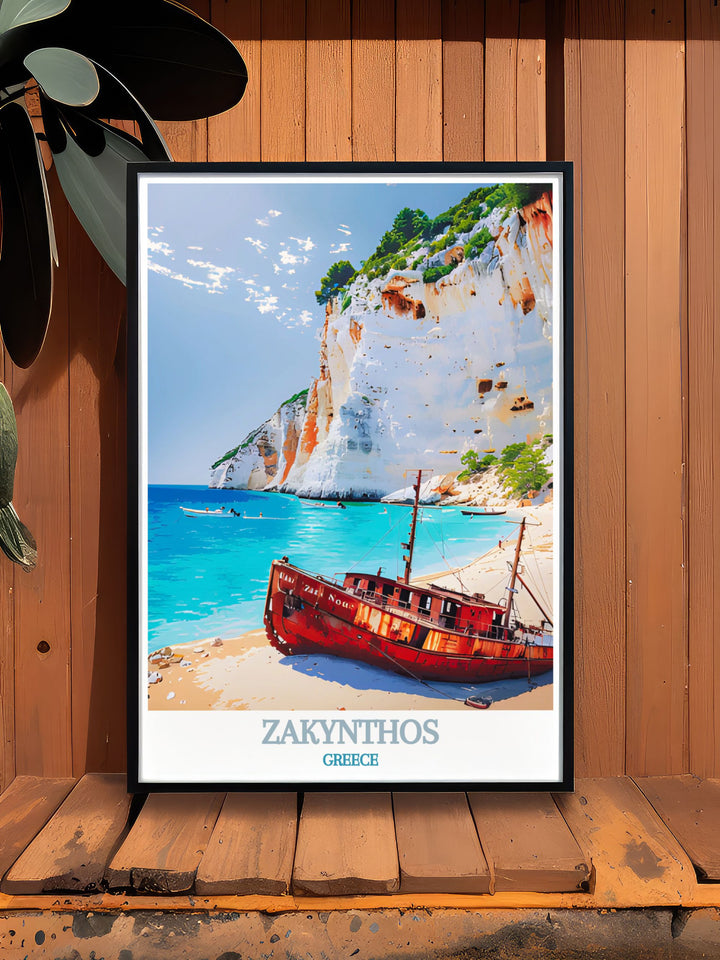 Discover Navagio Beach Artwork celebrating the natural beauty and serene ambiance of Zakynthos, a perfect addition to any home decor collection inspired by Greece.