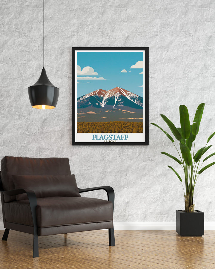 Flagstaff Arizona vintage poster offers a nostalgic view of the stunning landscapes that make this region so unique. Featuring the San Francisco Peaks, this canvas print adds a touch of Arizonas wild beauty to any room.