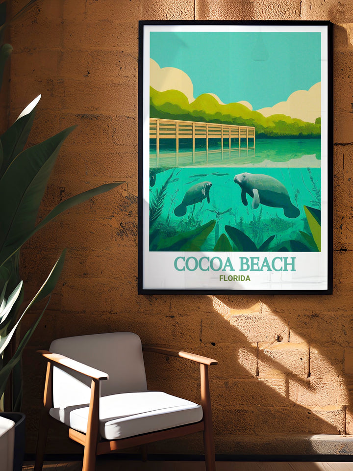 Scenic travel print of Cocoa Beach, Florida, featuring the lush landscapes of Manatee Sanctuary Park. The detailed illustration brings the beauty of Floridas beaches and natural parks into your home, ideal for creating a calming, nature inspired decor.