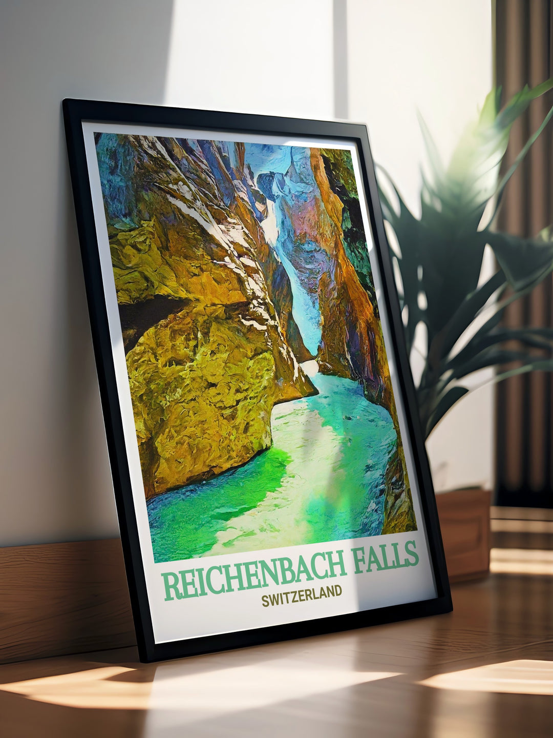 Featuring the iconic Reichenbach Falls and Rosenlaui Glacier Gorge, this Switzerland travel print is perfect for wall art in any home or office. The detailed artwork captures the majestic beauty of these Swiss landmarks, making it an ideal gift for travel lovers.