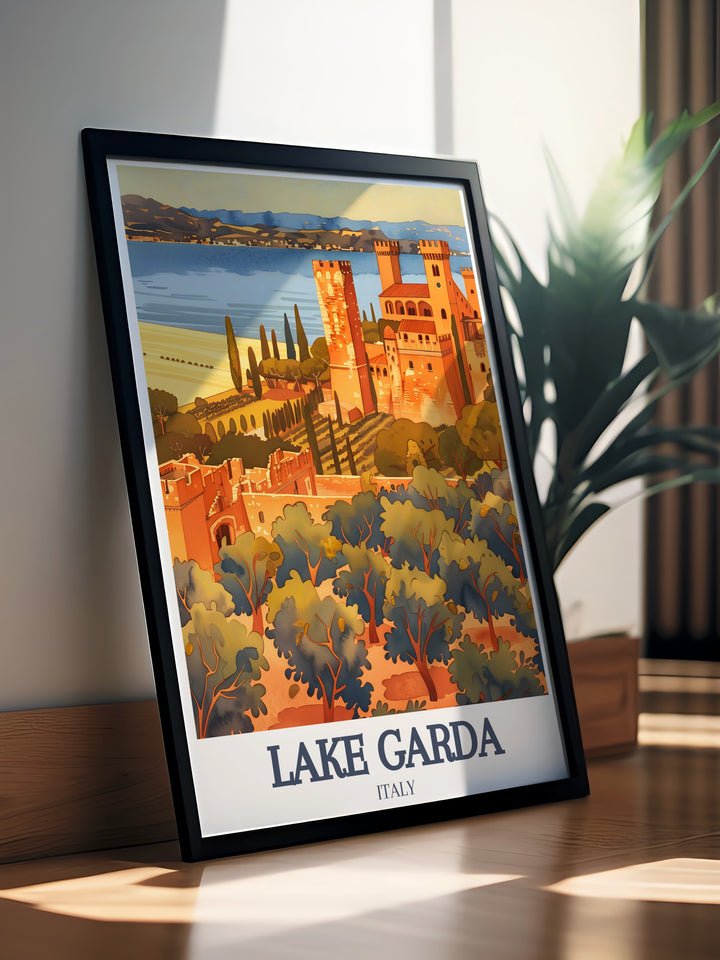 Lake Garda artwork showcasing Scaliger Castle and Grottoes of Catullus ideal for Italy wall decor and Italy travel gifts. Perfect for birthdays anniversaries or just to add modern Italy prints to your home this piece is a great gift for friends and loved ones.