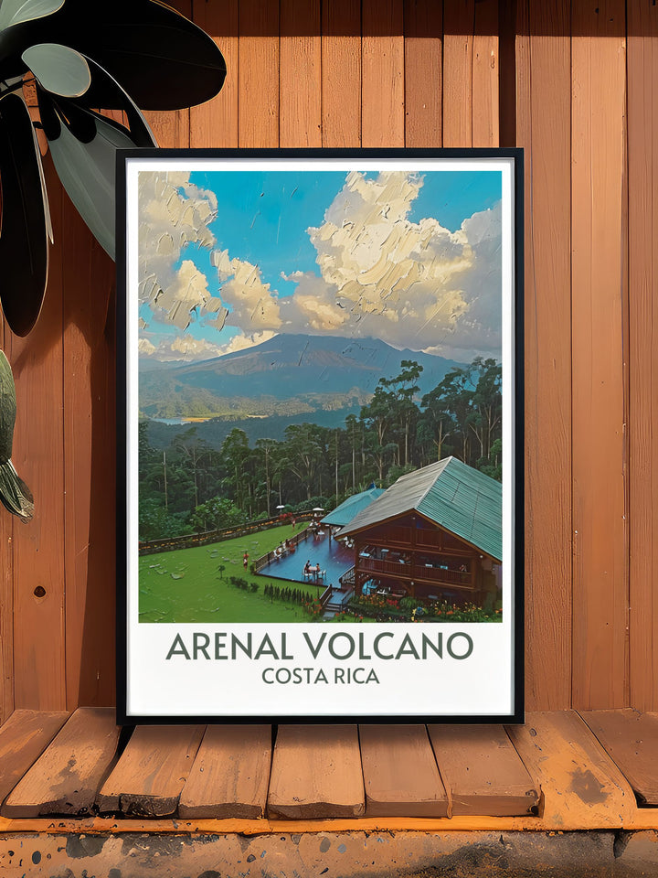 Stunning artwork of The Arenal Observatory Lounge and Spa with the backdrop of Arenal Volcano, symbolizing tranquility amidst natural grandeur.