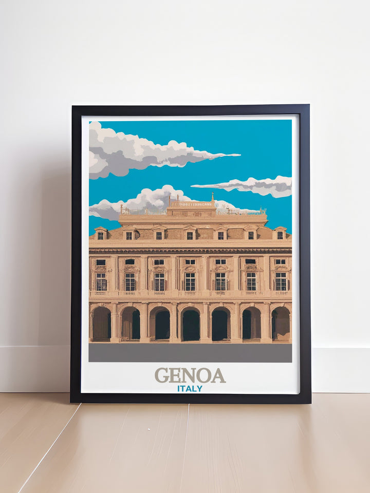 This poster print captures the grand architecture of Palazzo Ducale in Genoa, Italy. A perfect addition to your home or office, it brings the history and beauty of this iconic Italian landmark to life. Ideal for lovers of Italian history and architecture.