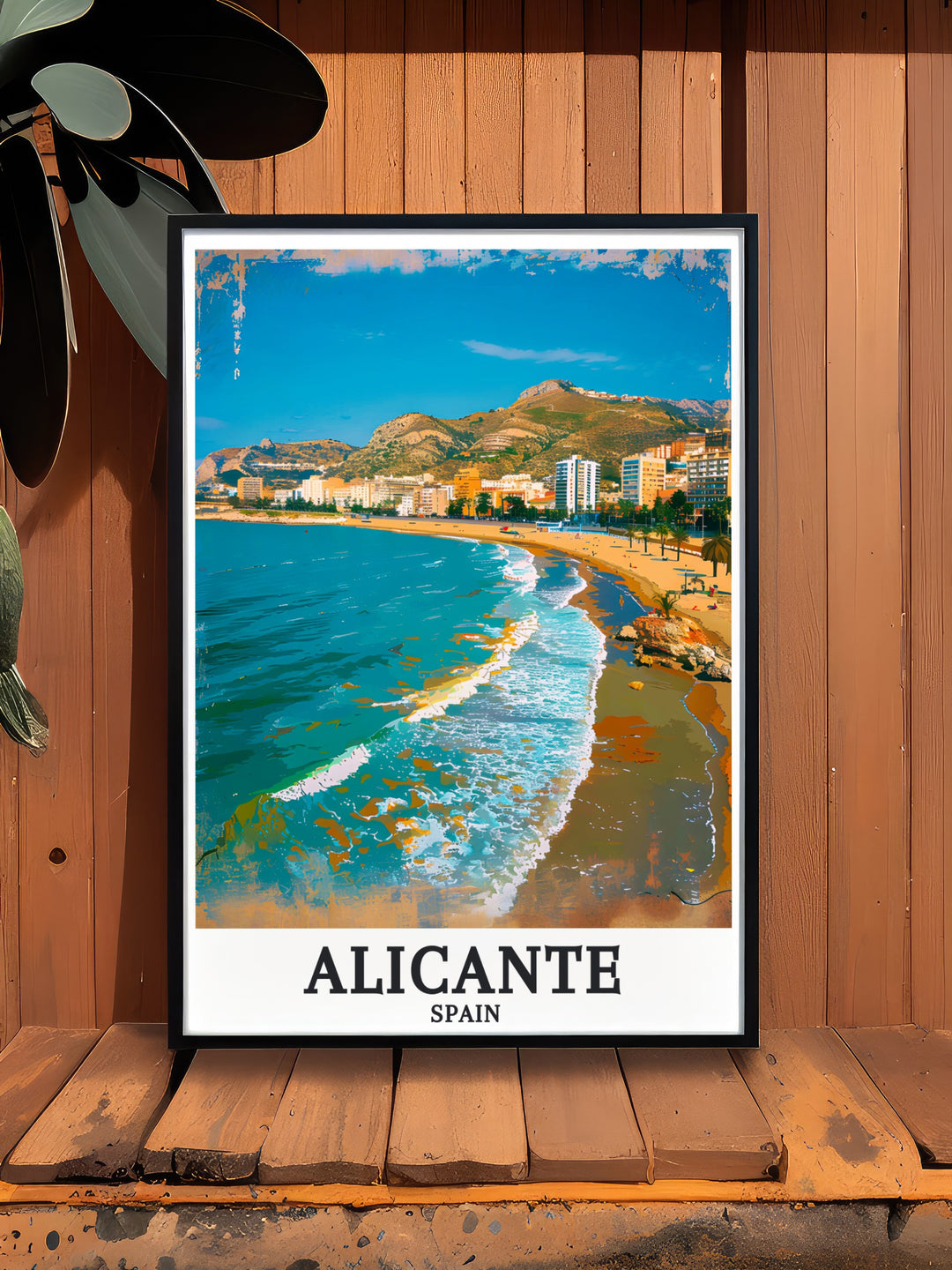 Black and white Alicante City Print with Playa de San Juan and Mediterranean Sea perfect for adding a touch of coastal beauty to your home decor and serving as a unique gift for art lovers and travelers