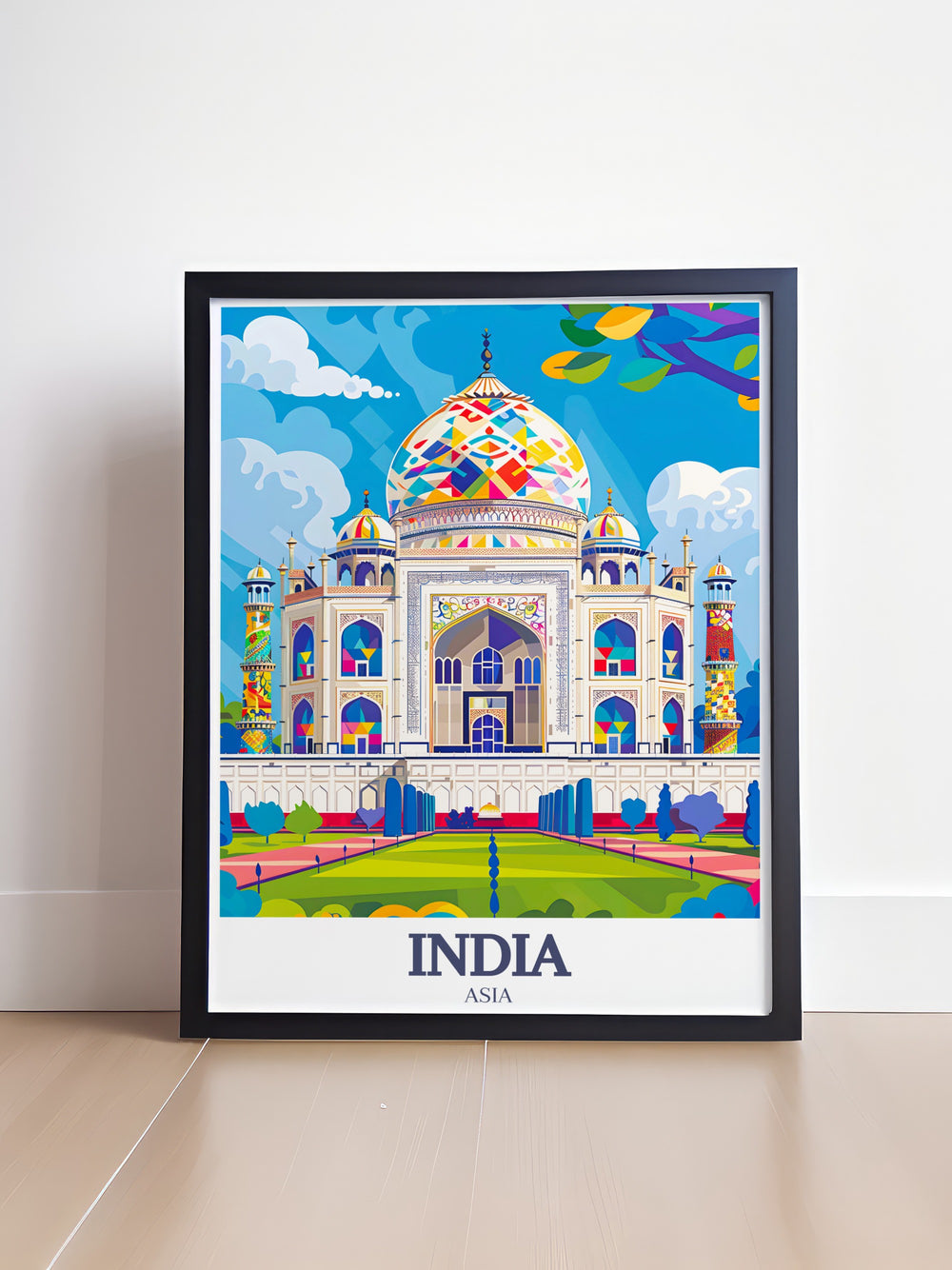 A stunning portrayal of the Taj Mahal in Agra, India, this travel print combines vintage style with modern design elements. Perfect for adding character to your walls, this artwork is an excellent gift for travelers and art enthusiasts alike.